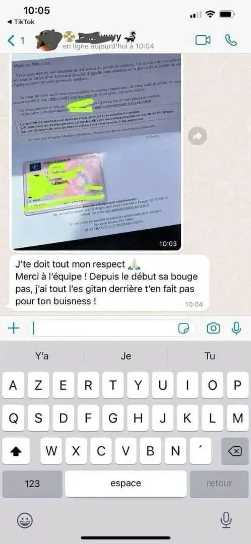 photo whatsapp témoignage client permis de conduire france